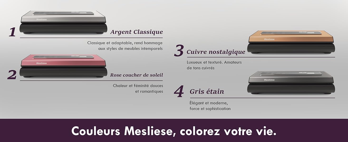 Quatre appareils rectangulaires de différentes couleurs : noir, rose, marron et gris. Le texte français décrit chacun sous forme de styles ou de couleurs différents.