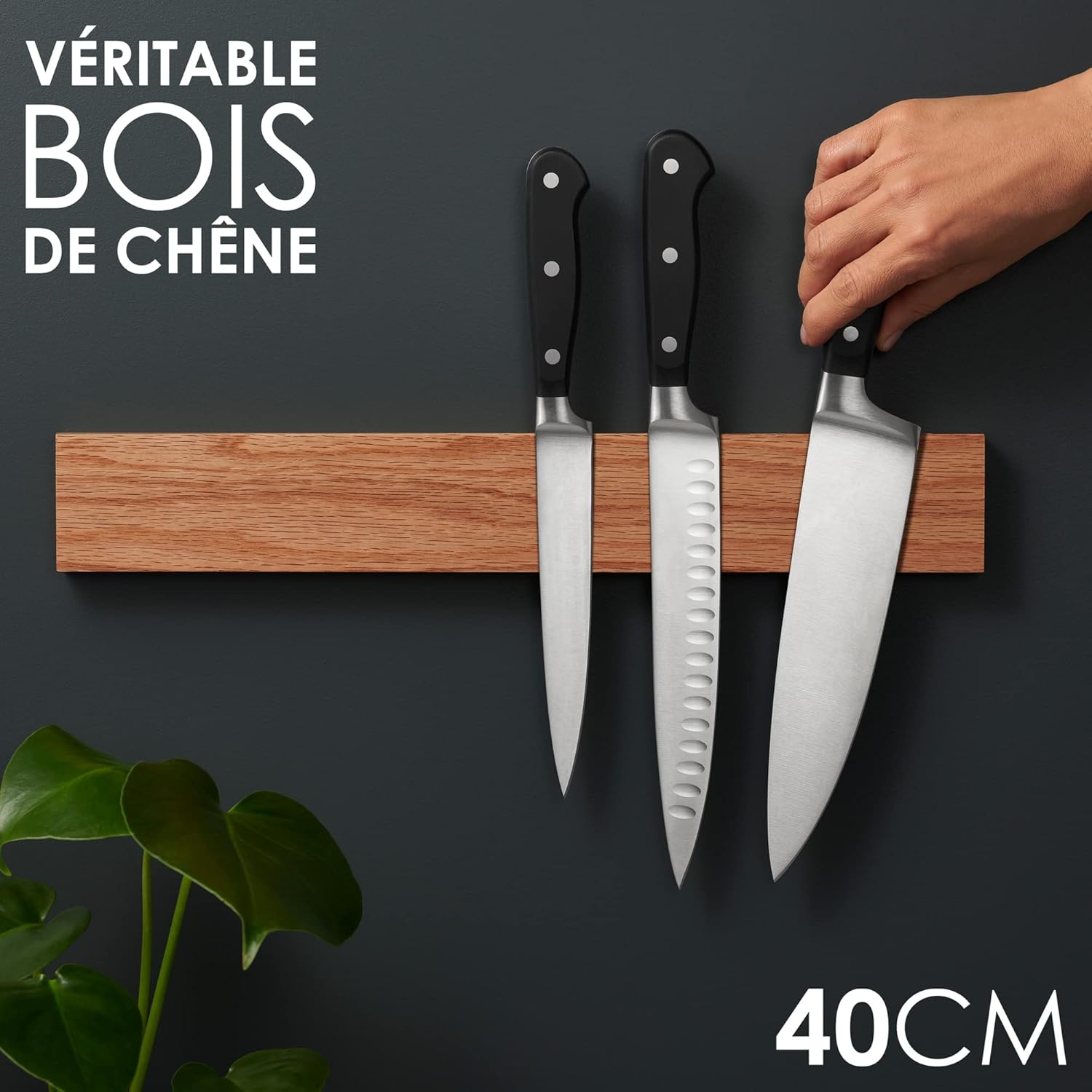 LARHN - Porte-couteaux Extra Puissant 40cm chêne mural aimanté