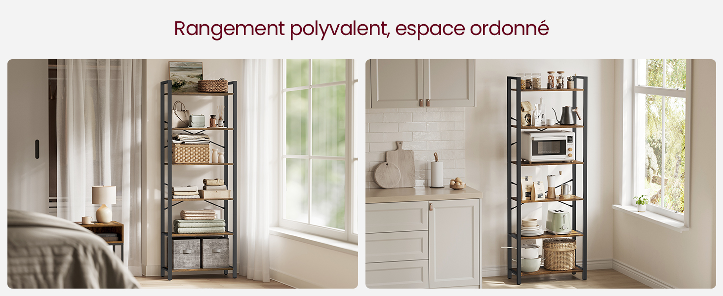 avec étagères en bois pour divers intérieurs, y compris la chambre à coucher, la cuisine et la salle de bain. Solution de rangement polyvalente pour plusieurs pièces.