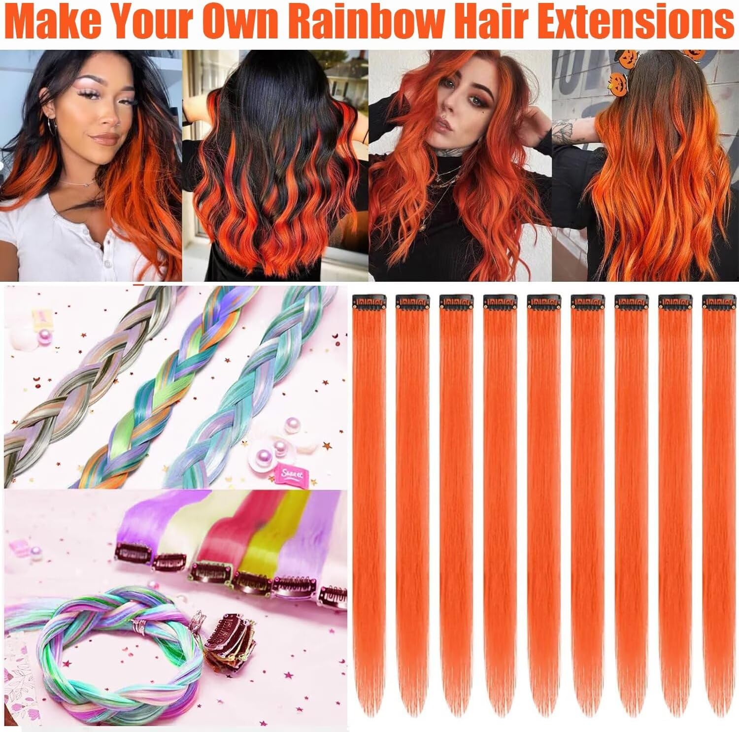 Extension Cheveux - rajout naturel 55cm, 12 pièces, orange/rouge, fête