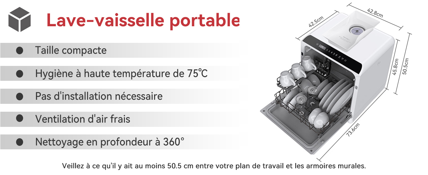 Schéma des caractéristiques du lave-vaisselle portable en français. Met en avant la taille compacte, le lavage à haute température, la ventilation à air frais et le nettoyage en profondeur à 360 degrés