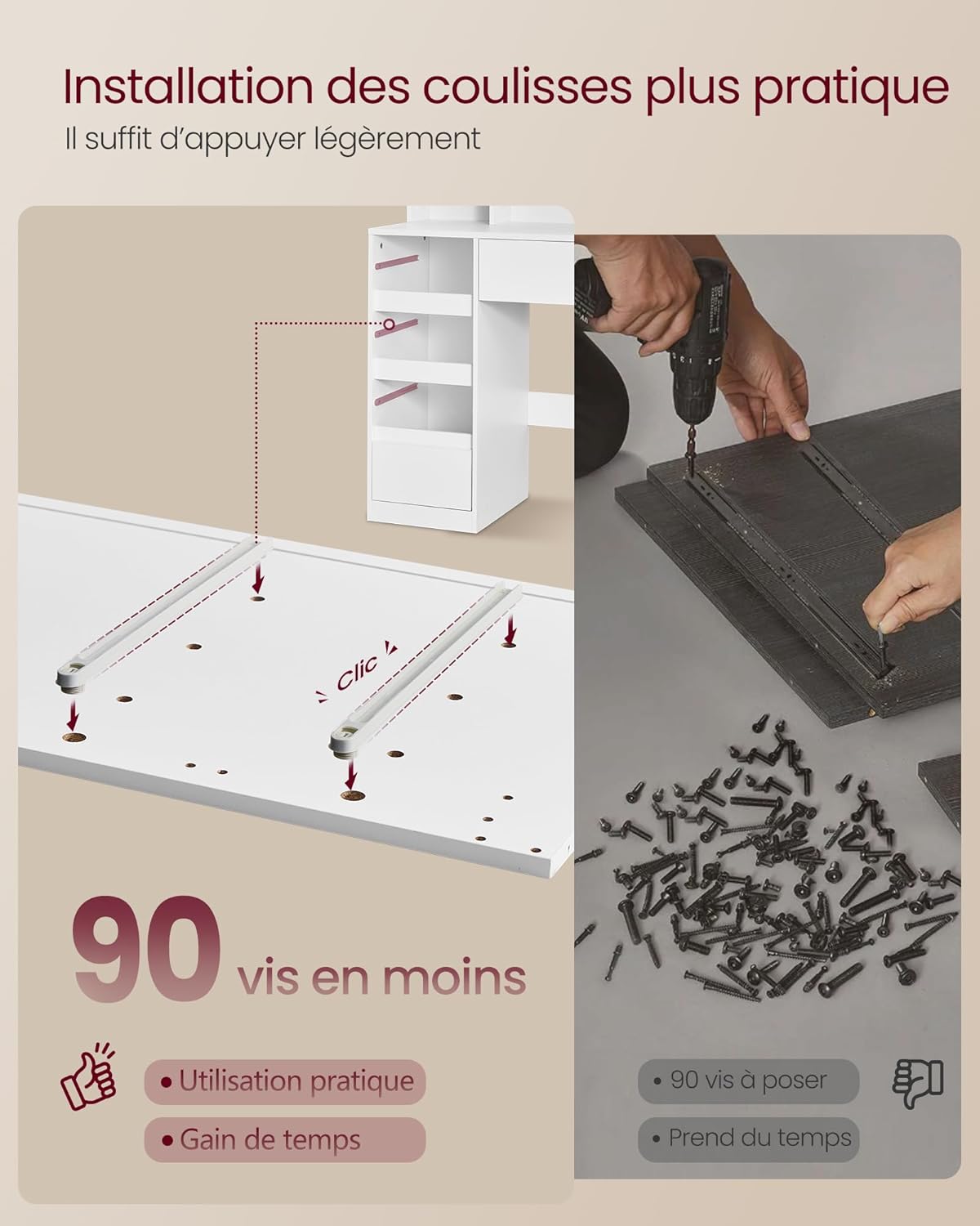 VASAGLE - KAILYN collection - coiffeuse 3 miroirs, 9 tiroirs, multiprise, éclairage LED, blanc - RDT146WB01