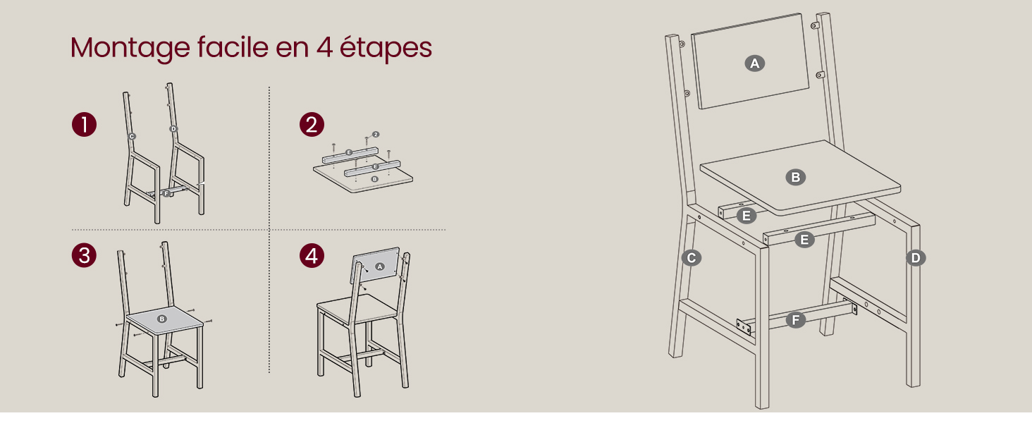 Instructions de montage en quatre étapes pour une chaise ou un tabouret pliant, montrant la progression des pièces non assemblées à l'article terminé