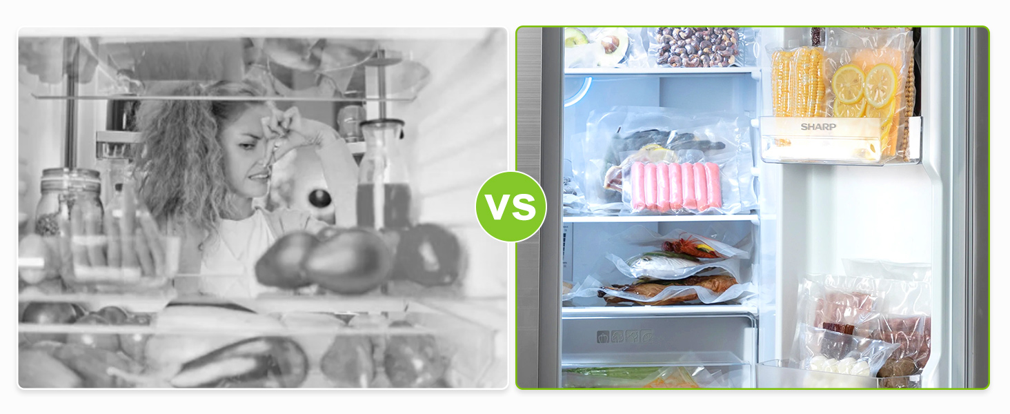 Comparaison de l'intérieur de deux réfrigérateurs. La gauche montre des étagères encombrées et désorganisées. La droite affiche un contenu bien rangé et organisé