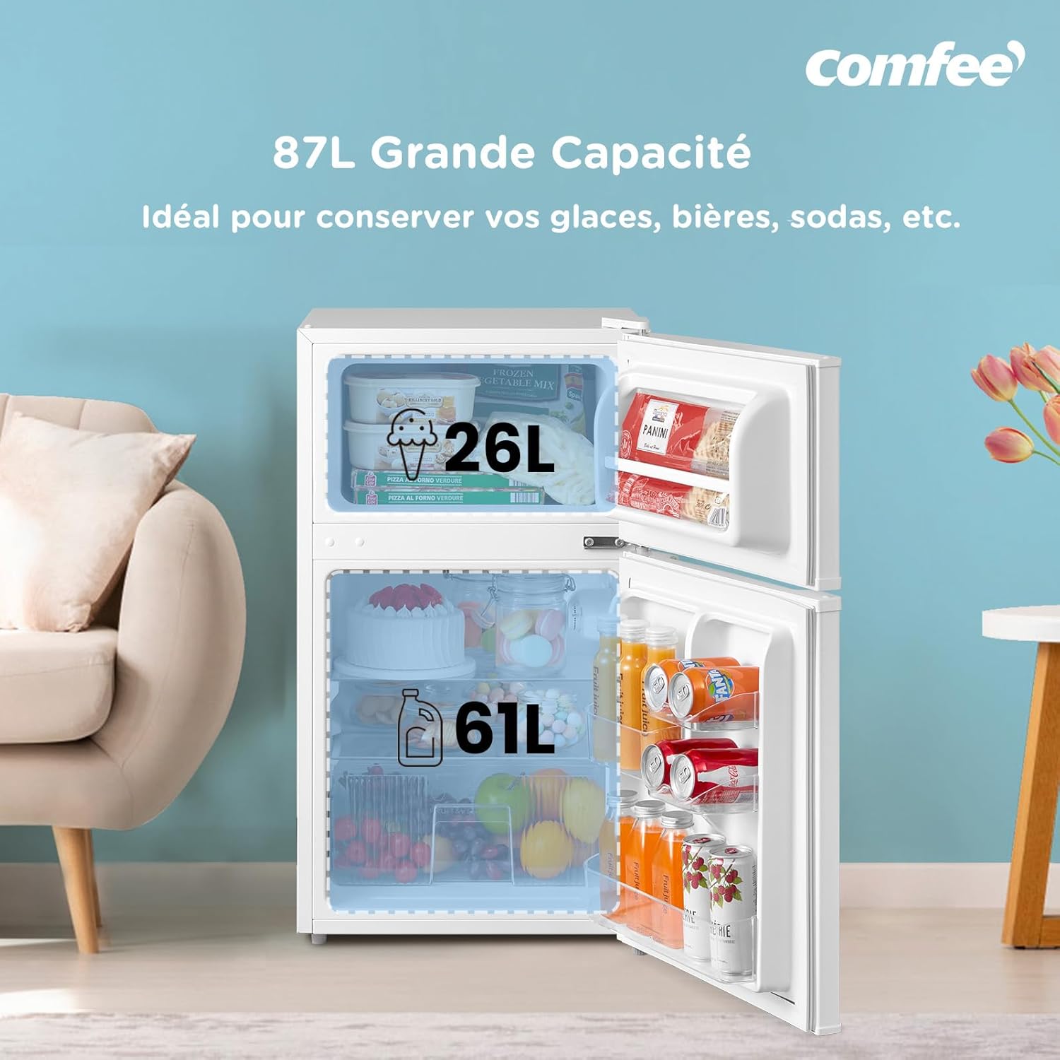COMFEE' - réfrigérateur congélateur 87L - éclairage, étagères amovibles, portes réversibles, thermostat réglable - RCT87