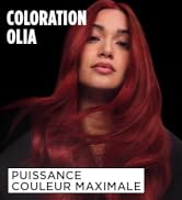 Le texte indique « COLORATION OLIA » et « PUISSANCE COULEUR MAXIMALE ». Publicité de produit montrant des cheveux roux éclatants sur fond sombre.