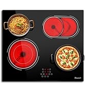 Plateau vitrocéramique 4 feux 6600 W, plan de cuisson électrique 4 plaques avec double zone BBQ ovale, ...