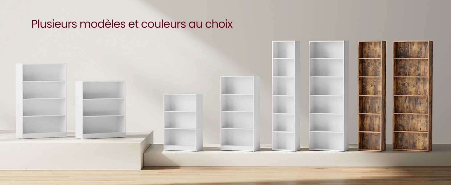 Collection d'étagères modulaires de différentes tailles. Les options incluent des finitions blanches et en grain de bois, offrant des solutions de rangement personnalisables pour différents espaces