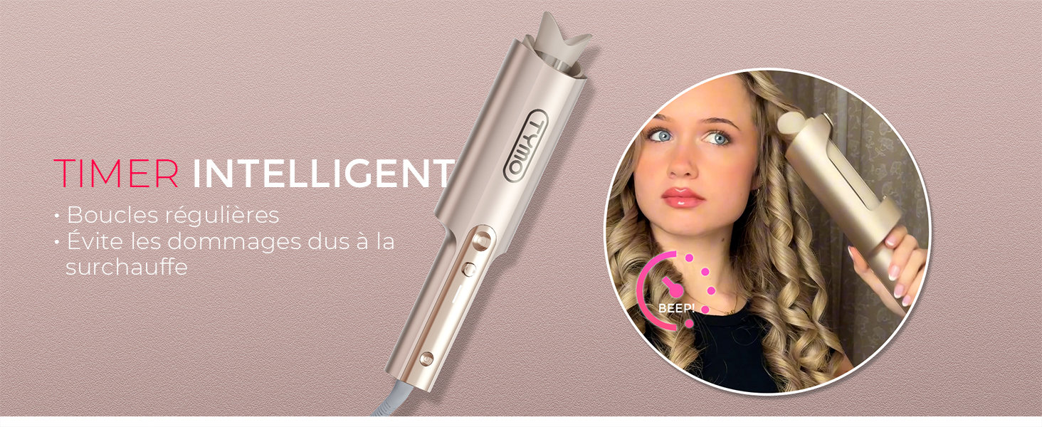 Le texte indique « TIMER INTELLIGENT ». Démonstration du produit dans un cadre teinté de rose montrant un produit cosmétique ou un appareil de soin de la peau.