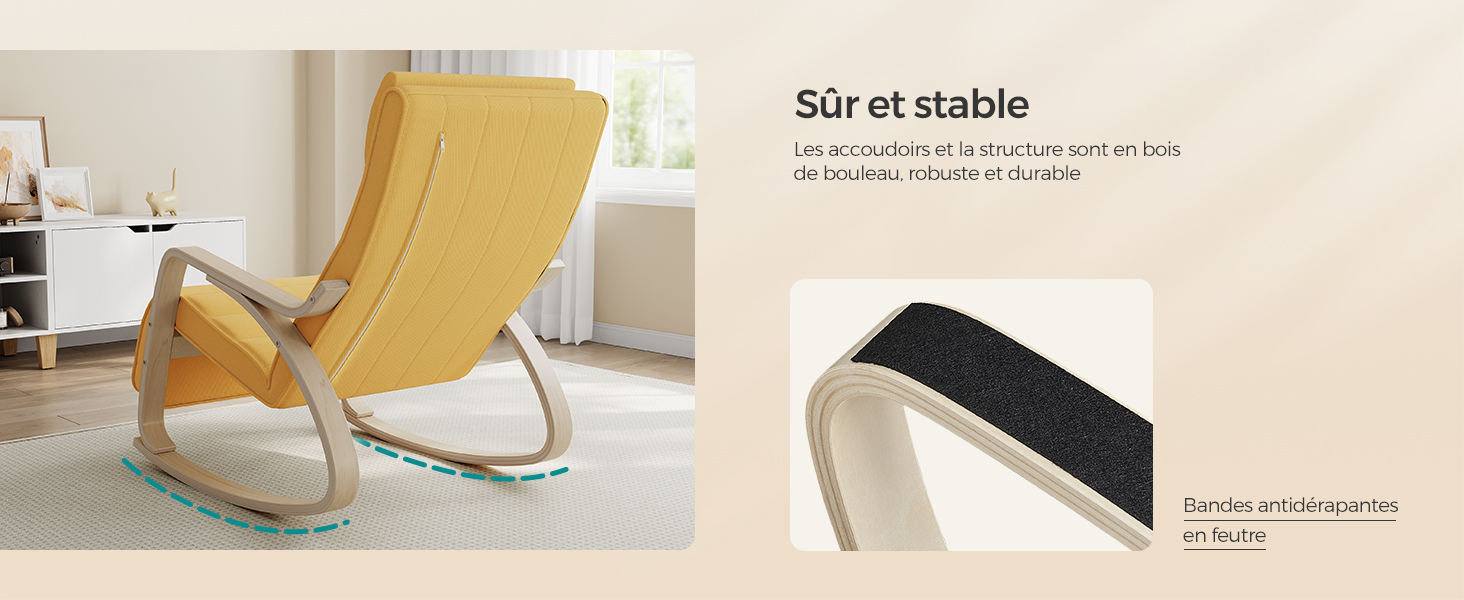 Fauteuil à bascule moderne en tissu jaune avec structure en métal incurvé, présenté dans un décor intérieur lumineux avec des protecteurs de sol antidérapants