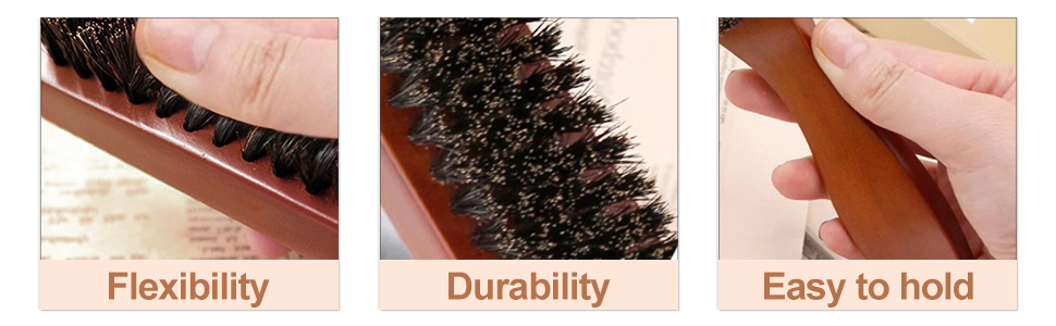 Image à trois panneaux représentant un pinceau ou un outil brun. Panneaux étiquetés « Flexibilité », « Durabilité » et « Facile à tenir », illustrant les caractéristiques du produit