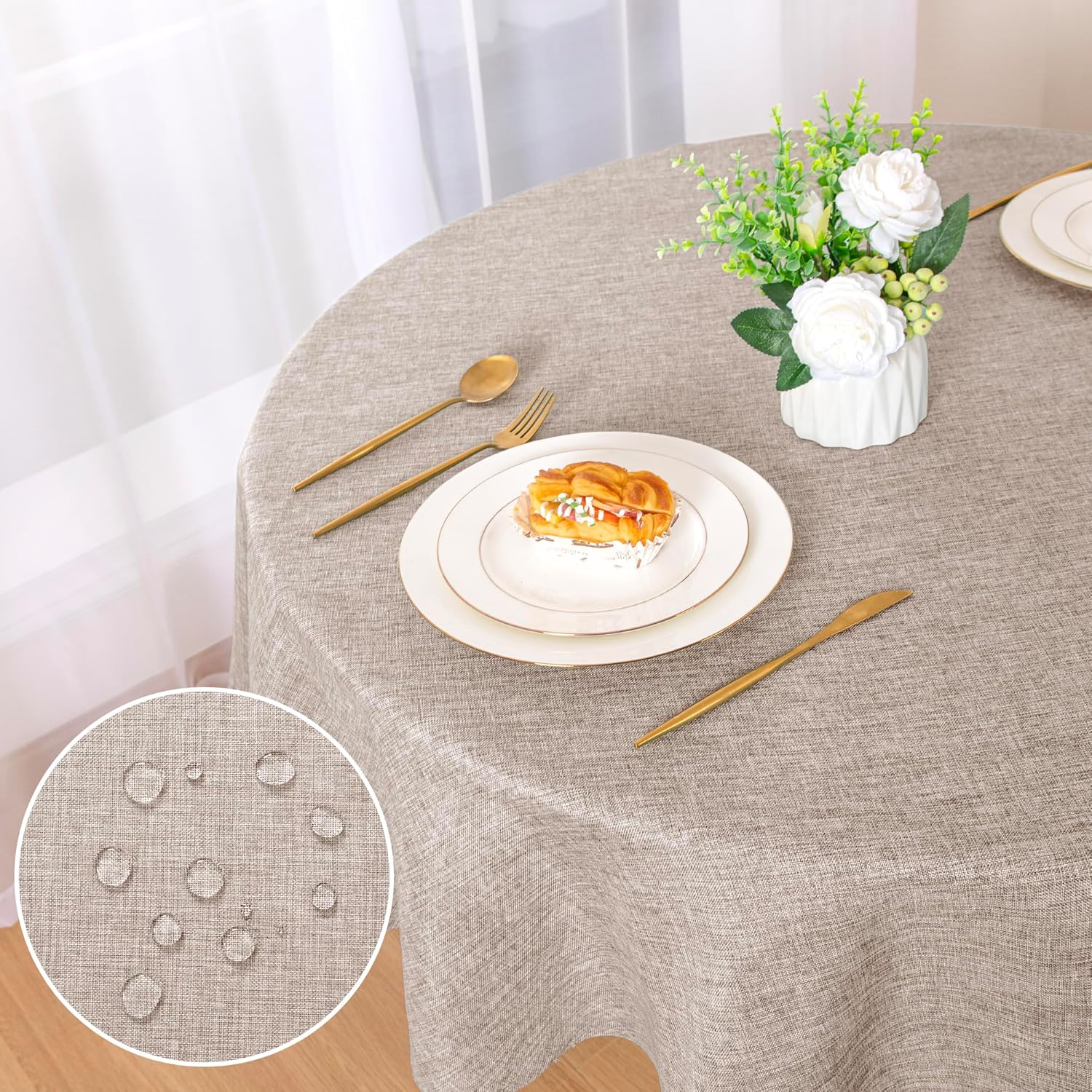 DWCN - nappe ronde Effet Lin - 140 cm - imperméable, anti-tache