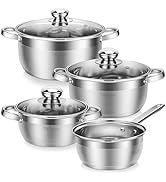 Velaze Lot de 7 casseroles en acier inoxydable avec couvercles en verre pour induction Sans PFOA