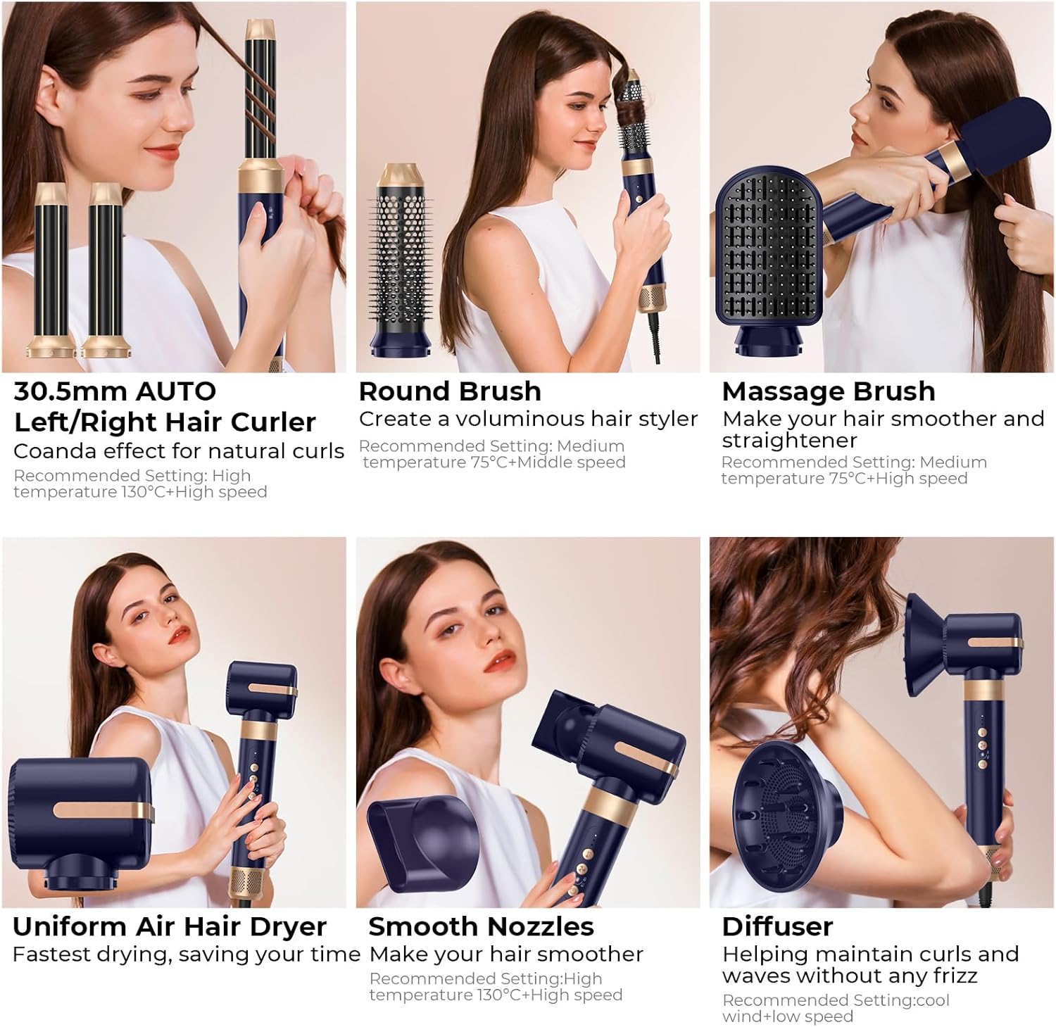 Sèche Cheveux Air Styler 7 en 1 - 1400W - 3 températures, boucle et lissage, fer à boucler 30 mm