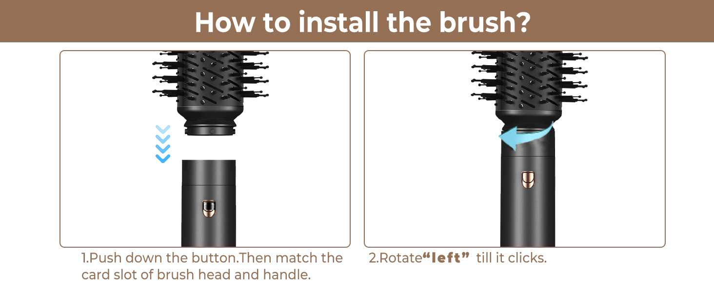 Schéma d'instructions illustrant le processus d'installation de la brosse en deux étapes avec des flèches directionnelles et un guide visuel pour une fixation correcte