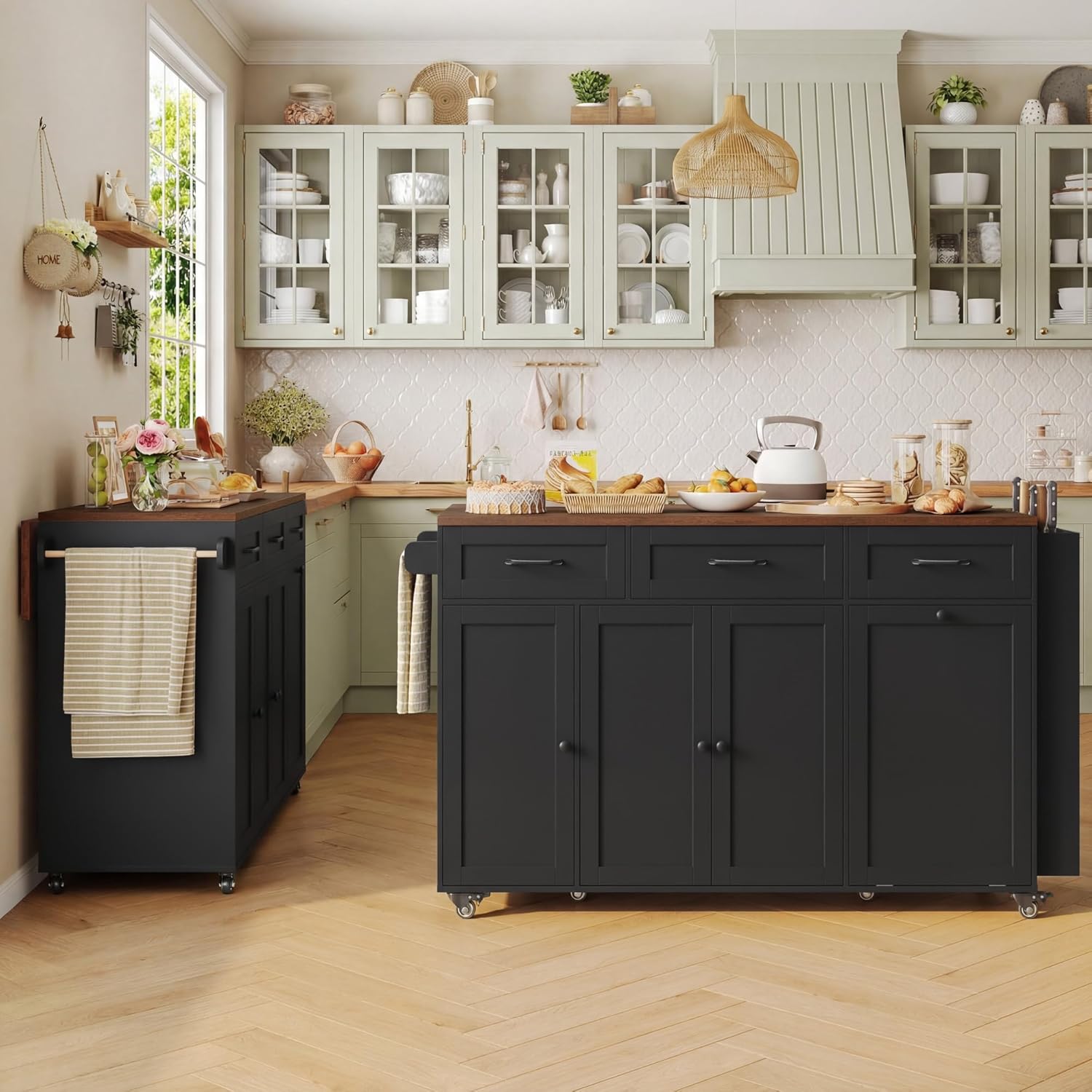 FirFurd - Ilot cuisine pliable sur roulettes, 135x60x88cm, USB et rangement