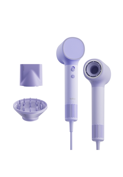 Plusieurs vues d'écouteurs ou d'écouteurs de couleur violet/lavande présentées sous différents angles sur fond blanc, affichant les détails et le design du produit.