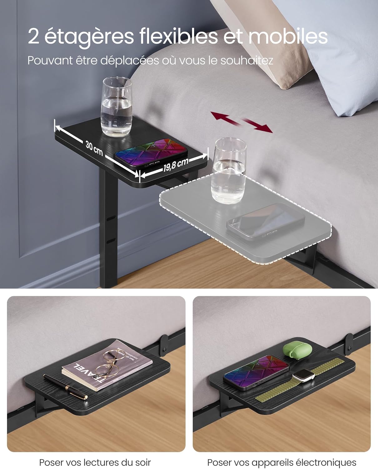 VASAGLE - cadre de lit simple - 90x190 cm - métal noir, étagères, montage facile - RMB091B01V1