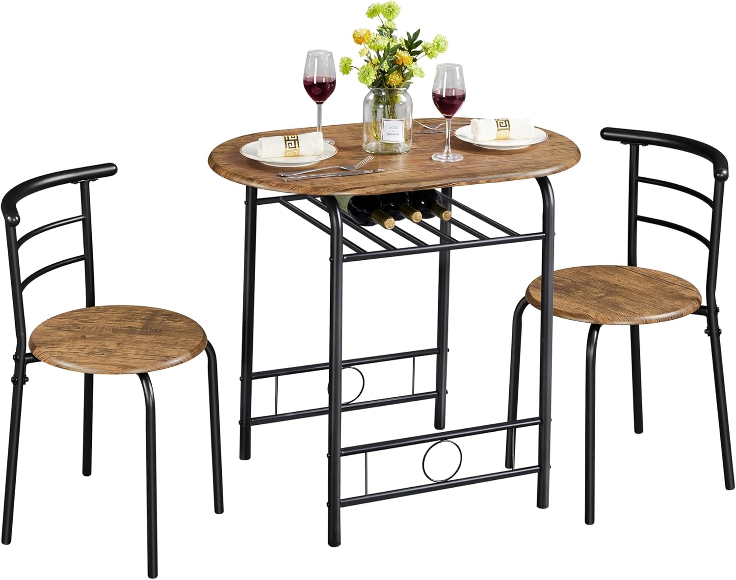 Yaheetech - Ensemble table ronde 3 pièces petit espace, porte-bouteilles, bois, 2 chaises, dimensions compactes