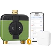 Le texte indique « Meross ». Système d'appareil intelligent présentant un composant matériel vert avec des écrans d'interface d'application mobile et des ports de connexion dorés.