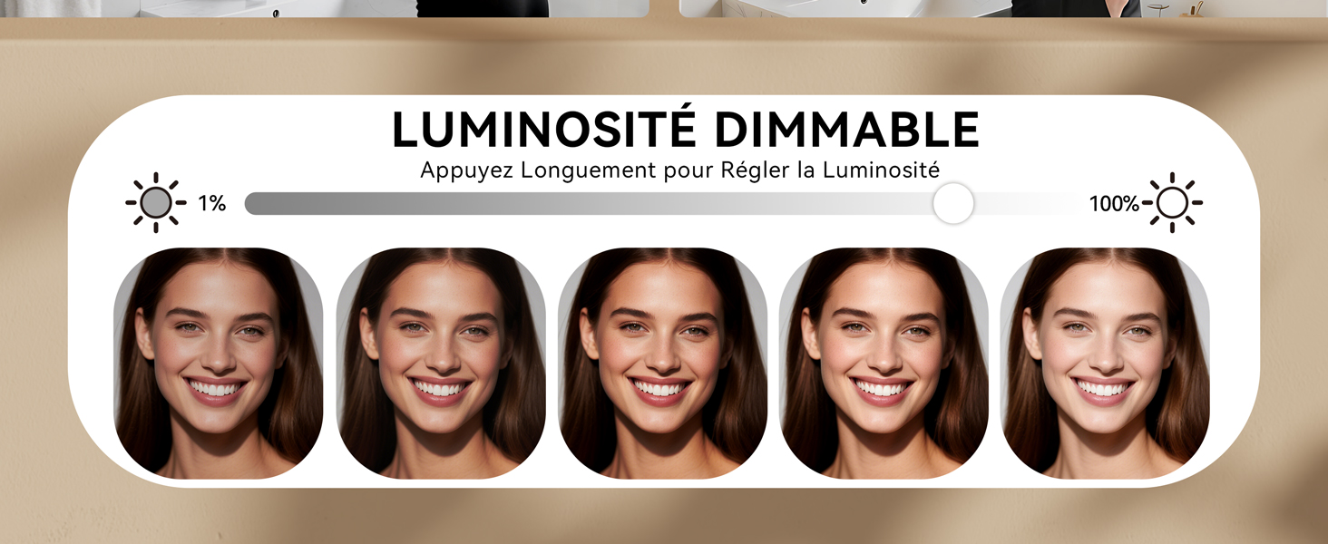 Le texte indique : « LUMINOSITÉ DIMMABLE ». Démonstration séquentielle de la fonction de gradation de la lumière montrant différents niveaux de luminosité.
