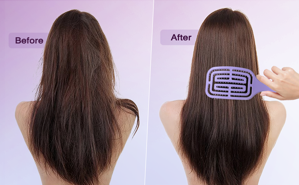 Comparaison avant et après de longs cheveux noirs, montrant l'application d'un dispositif de traitement capillaire rectangulaire violet sur l'image « Après ».