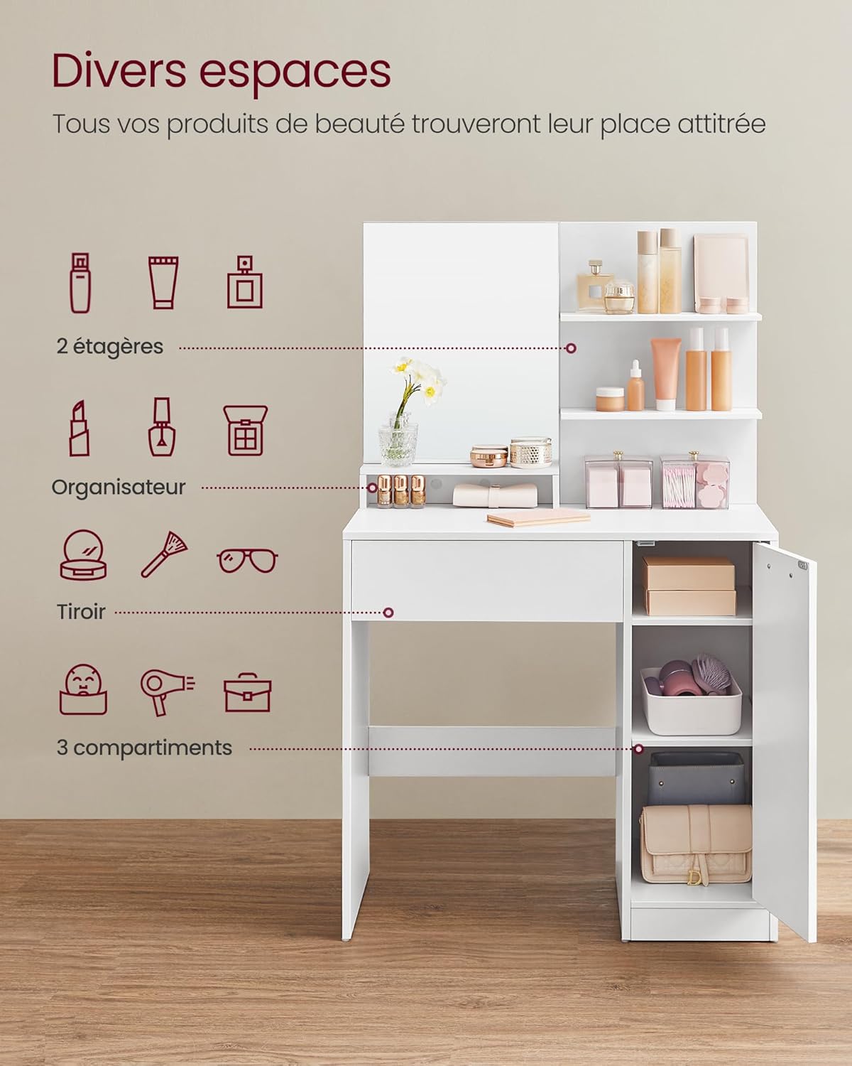 VASAGLE - Kailyn Collection coiffeuse, miroir, tabouret, étagères, blanc, RDT719W01