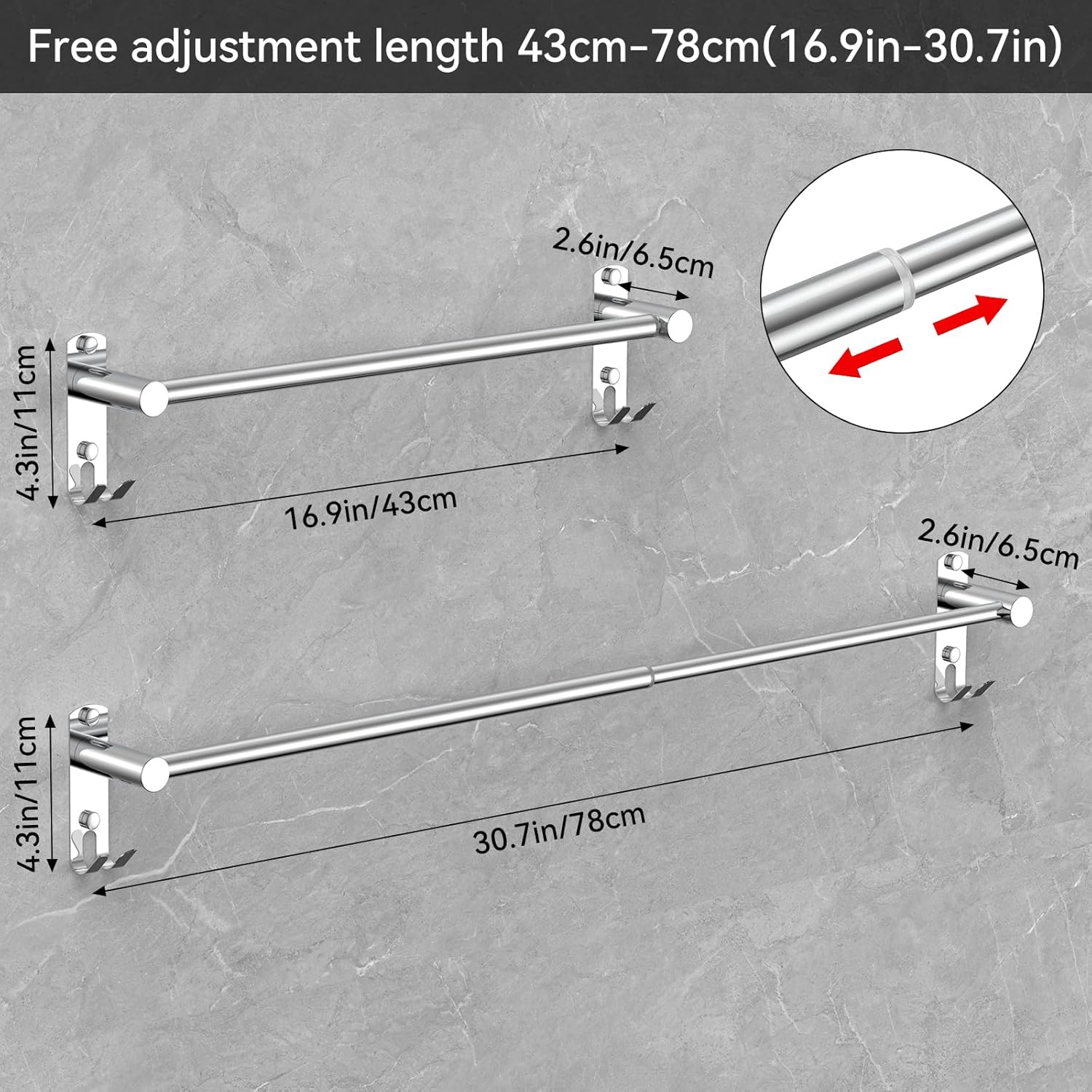 Porte-serviettes mural rétractable inox, 1 couche, adhésif, argent
