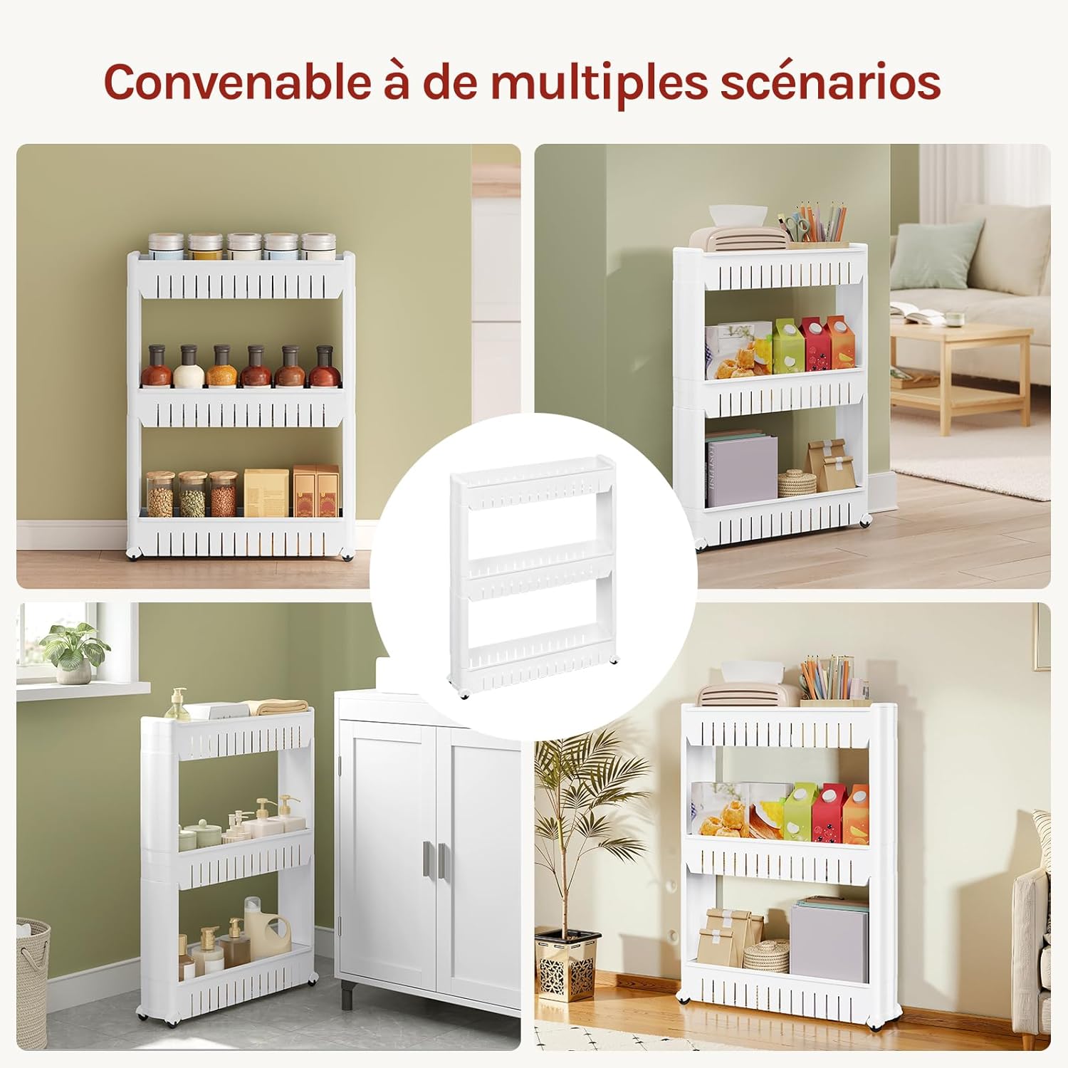 WOLTU - Étagère à roulettes 3 compartiments, compact, blanc