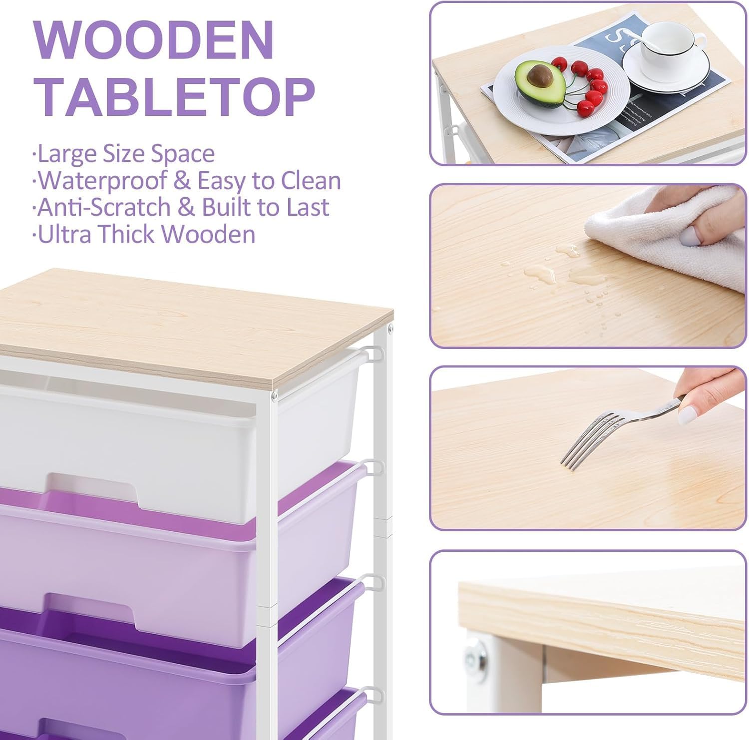 Chariot de rangement à 4 tiroirs, plateau bois, grande capacité, violet, dimensions compactes, roulettes mobiles