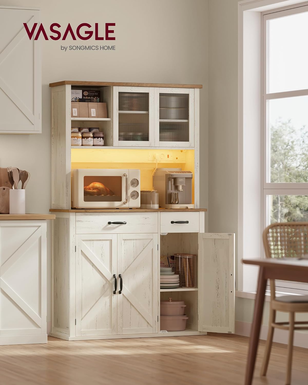 VASAGLE - meuble de rangement éclairé blanc/marron - 39,5x106,5x180,6 cm - portes, tiroirs, étagères réglables - BBK391W