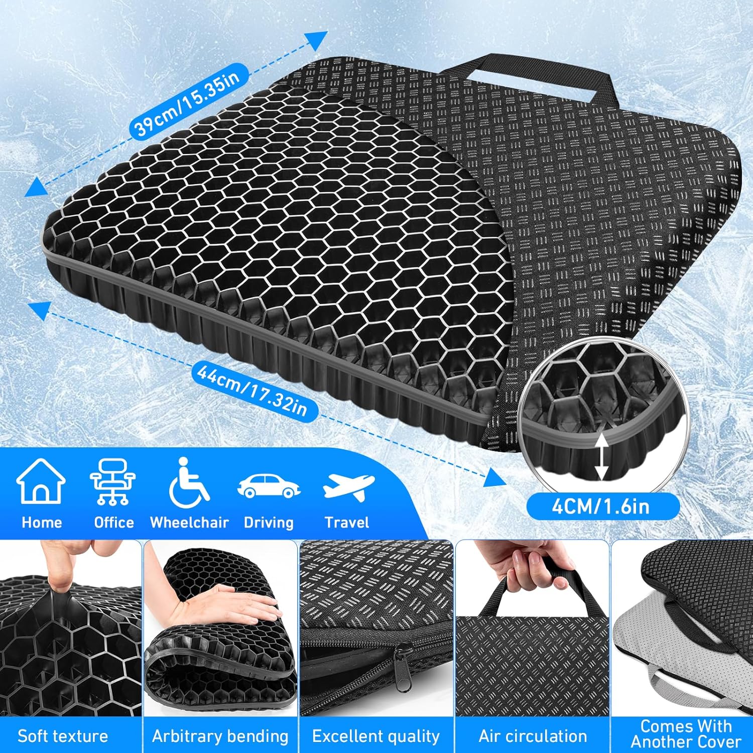 Vmingo - coussin de chaise gel respirant, housse antidérapante, soutien orthopédique, noir