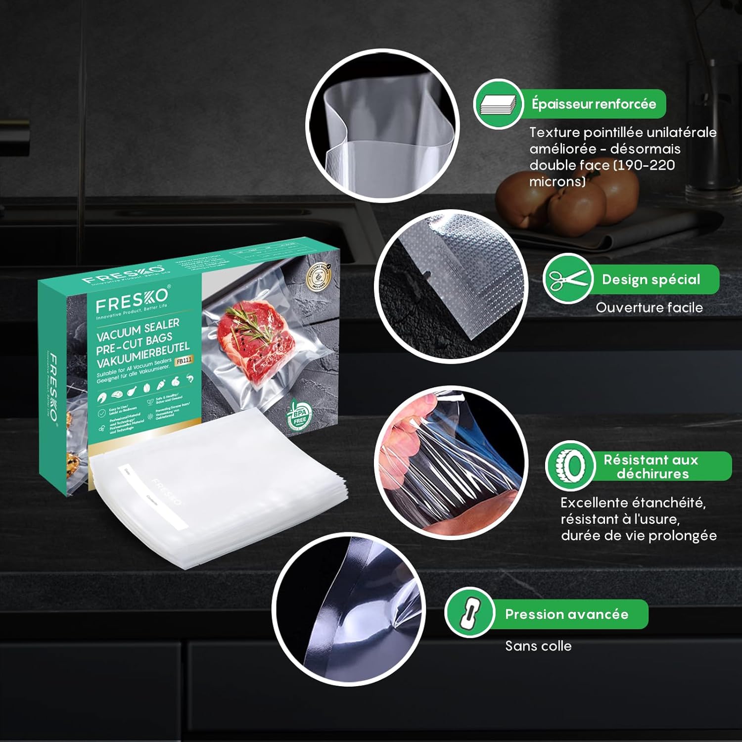 FRESKO - sacs sous vide gaufrés 15x25cm, 100pcs, sans BPA, réutilisables