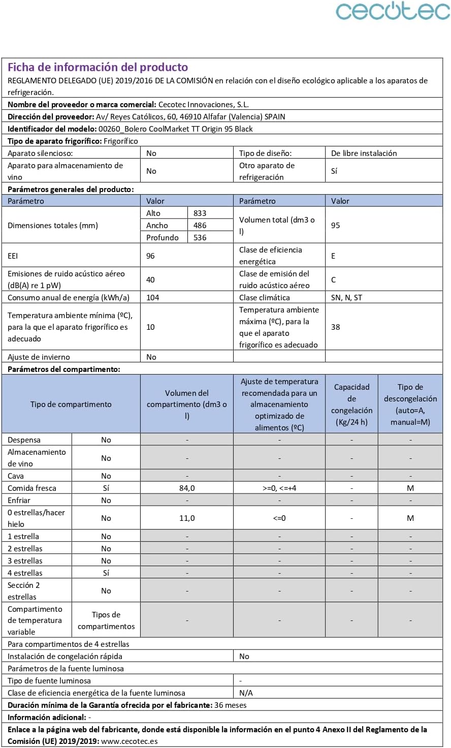 Cecotec - Mini Frigo Bolero Coolmarket TT - 89,3x48,7 cm - 95L, classe E, noir Origin 103