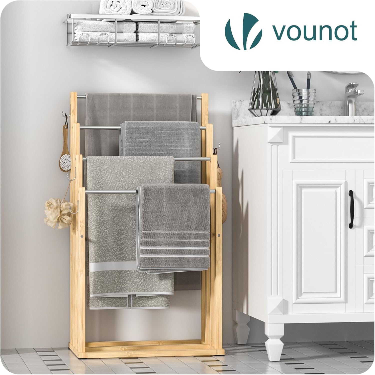 VOUNOT - Porte-serviettes 4 niveaux bambou - autoportant, crochets, bain