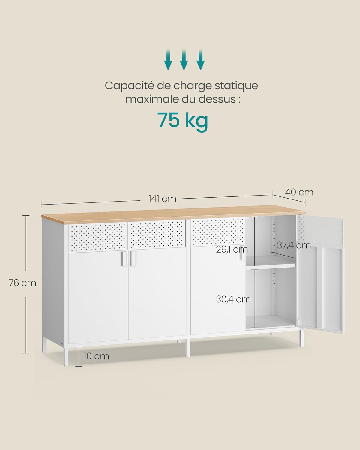 SONGMICS - Buffet métal 4 portes, cadre acier, 141x40x76cm, LSC205WC01