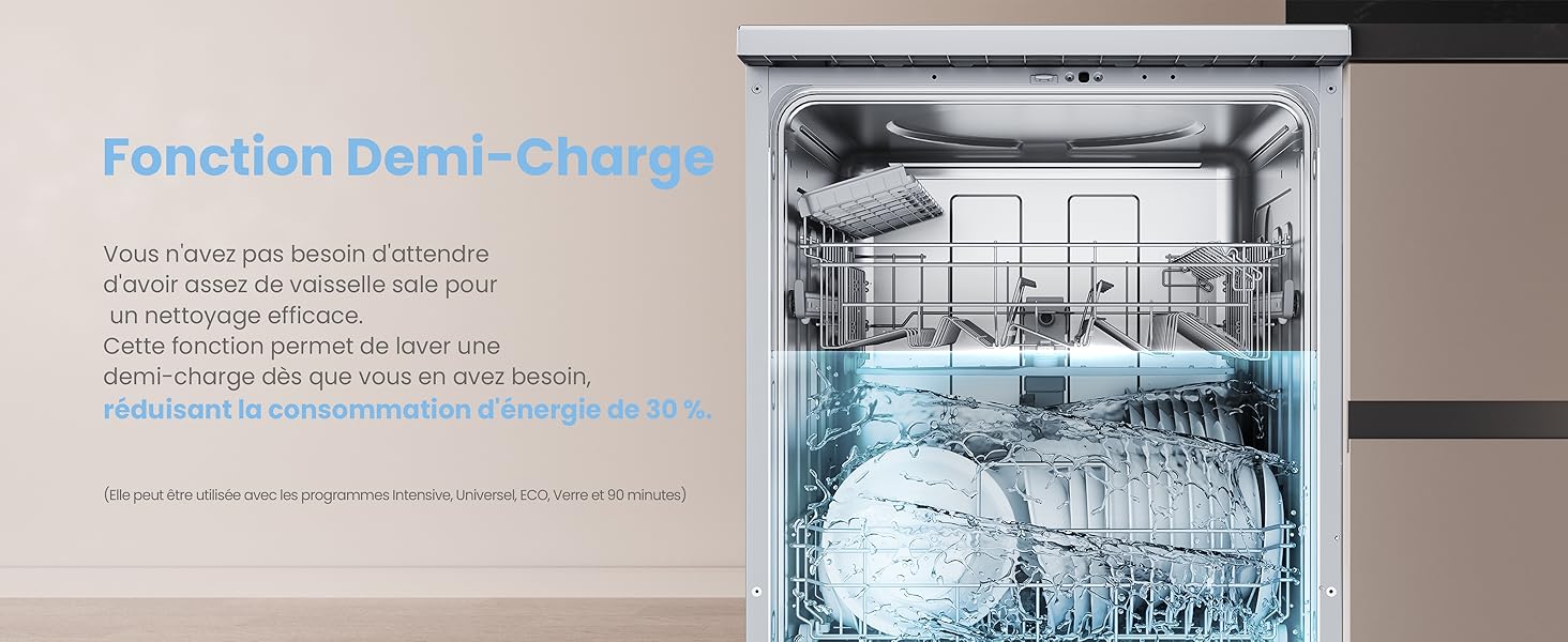 Ouvrez le lave-vaisselle avec de l'eau teintée de bleu à l'intérieur, démontrant un cycle de lavage à demi-charge. Étagères intérieures et vaisselle visibles. La superposition de texte explique la fonction de demi-charge en français.