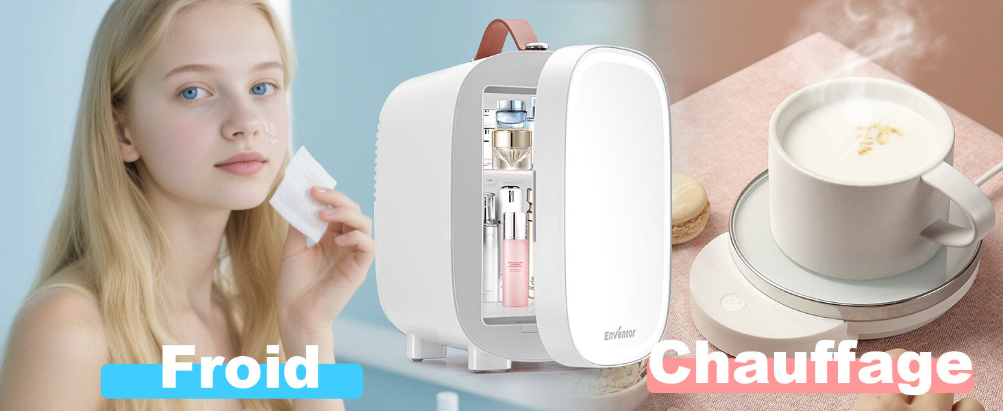 Le texte indique « Froid » et « Chauffage ». Image fractionnée montrant des réglages ou des effets de température contrastés avec une personne démontrant l'utilisation.