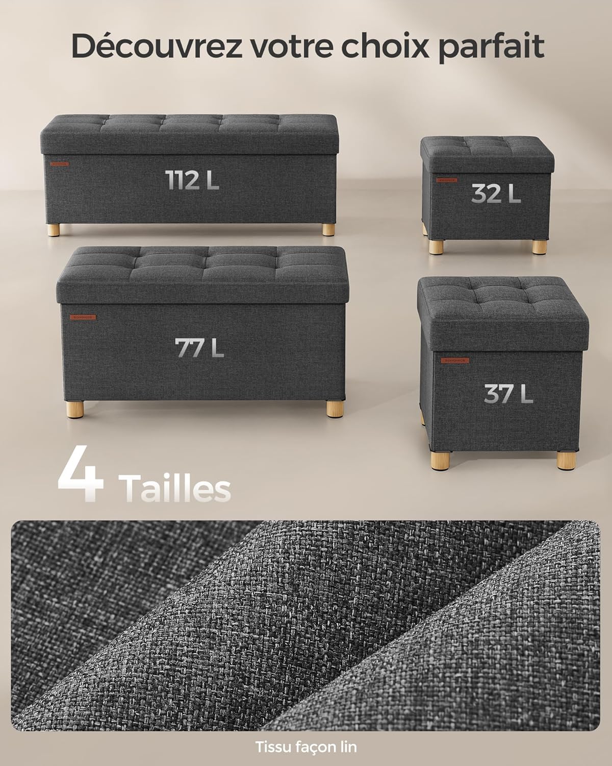 SONGMICS - tabouret pliable 38x38x40cm, rangement, 300kg - LSF14GYZ