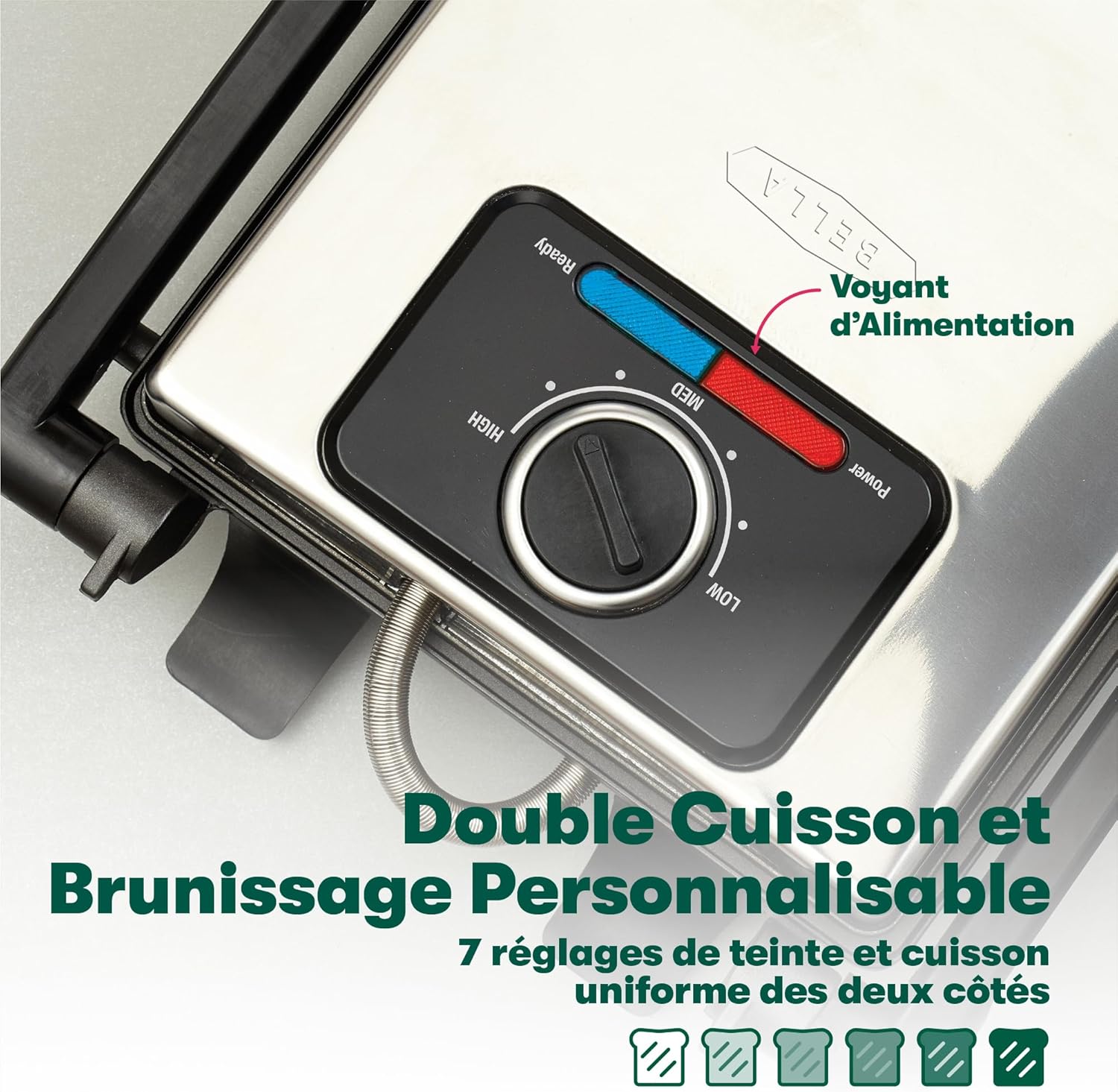 Bella - presse à panini inox 1400W, plaques antiadhésives, couvercle réglable