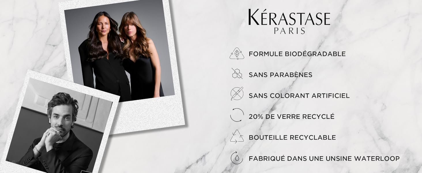 Le texte indique « KÉRASTASE PARIS ». Plusieurs images de produits montrant des produits de soins capillaires avec des descriptions textuelles en français et des démonstrations de coiffage.