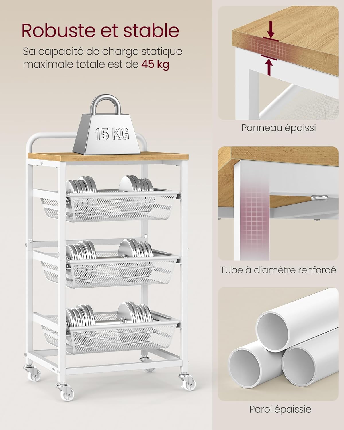 VASAGLE - chariot 4 niveaux, 31,7x40x76cm, paniers, roulettes, LRC040Y01