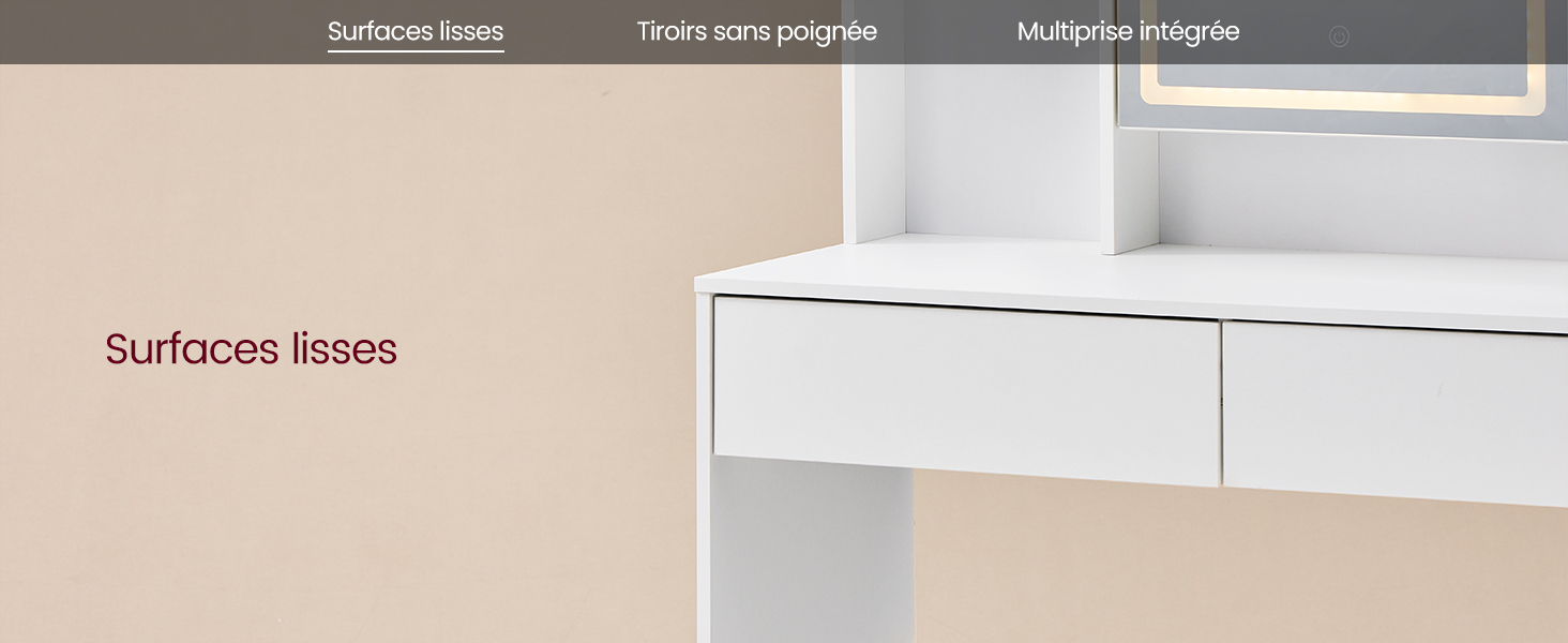 Le texte se lit comme suit : « Pertes de surfaces ». Vue rapprochée d'un meuble blanc avec des tiroirs contre des en-têtes de section gris.