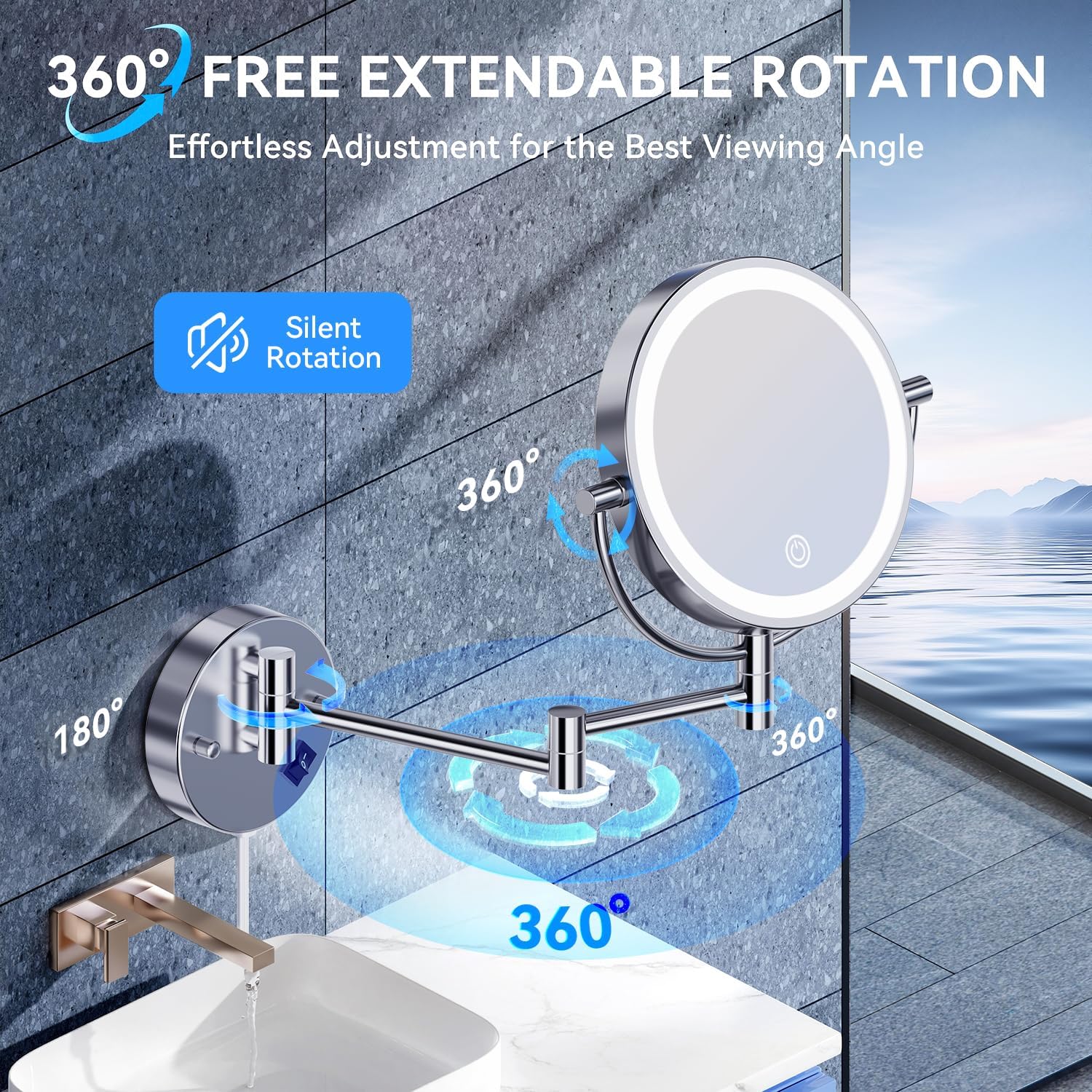 Auxmir - miroir mural série lumineuse - 8 pouces - 1X/30X grossissant, 3 couleurs, tactile, 360° pivotant, branchement E