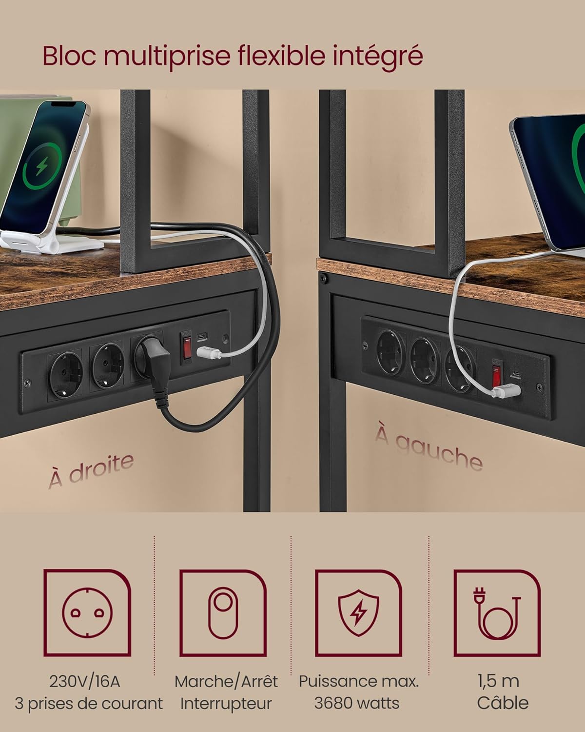 VASAGLE - étagère cuisine LED, multiprise, 8 crochets, étagères réglables, 40x80x168,4 cm - KKS050KD01