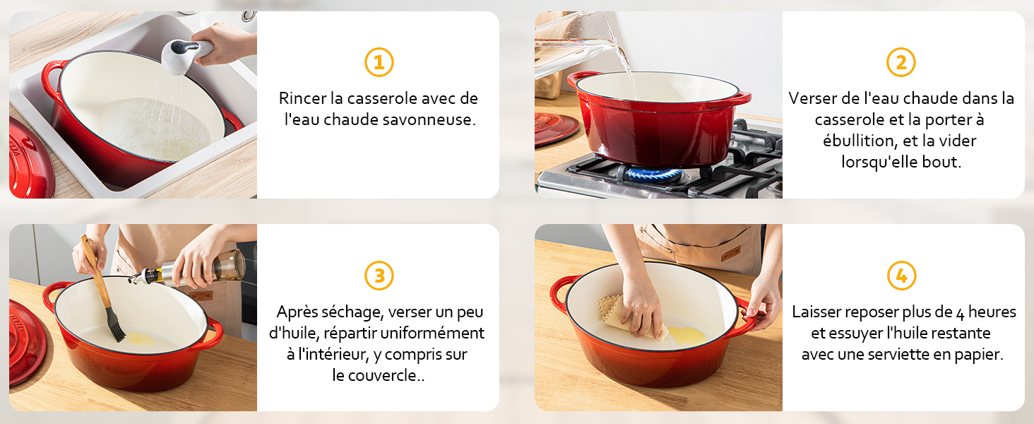 Des panneaux d'instructions montrant les étapes à suivre pour utiliser un bol à mélanger rouge, y compris l'ajout des ingrédients et le mélange de la pâte à la main