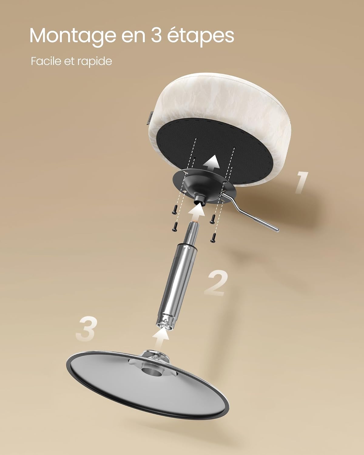 VASAGLE - tabouret réglable PU, blanc crème, coussin épais, 360°, LJB120W01