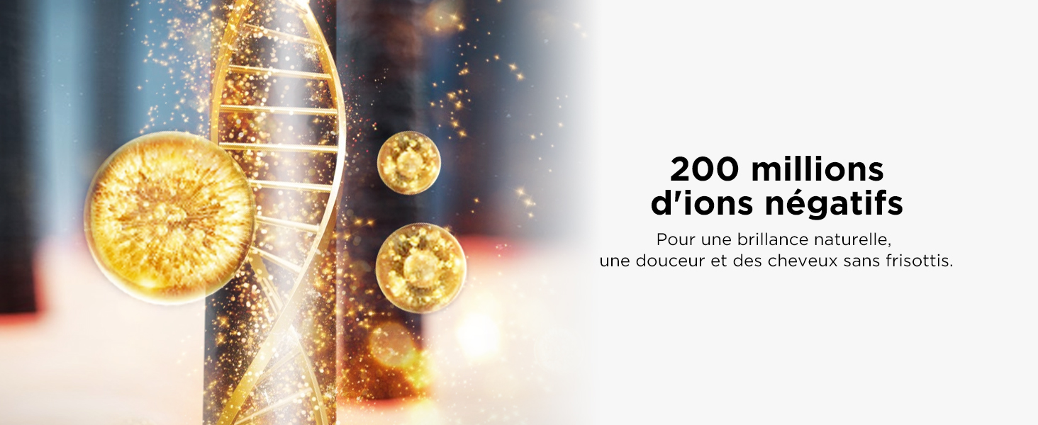 Image promotionnelle abstraite montrant des orbes dorés brillants avec des effets scintillants et un texte en français sur 200 millions d'ions négatifs