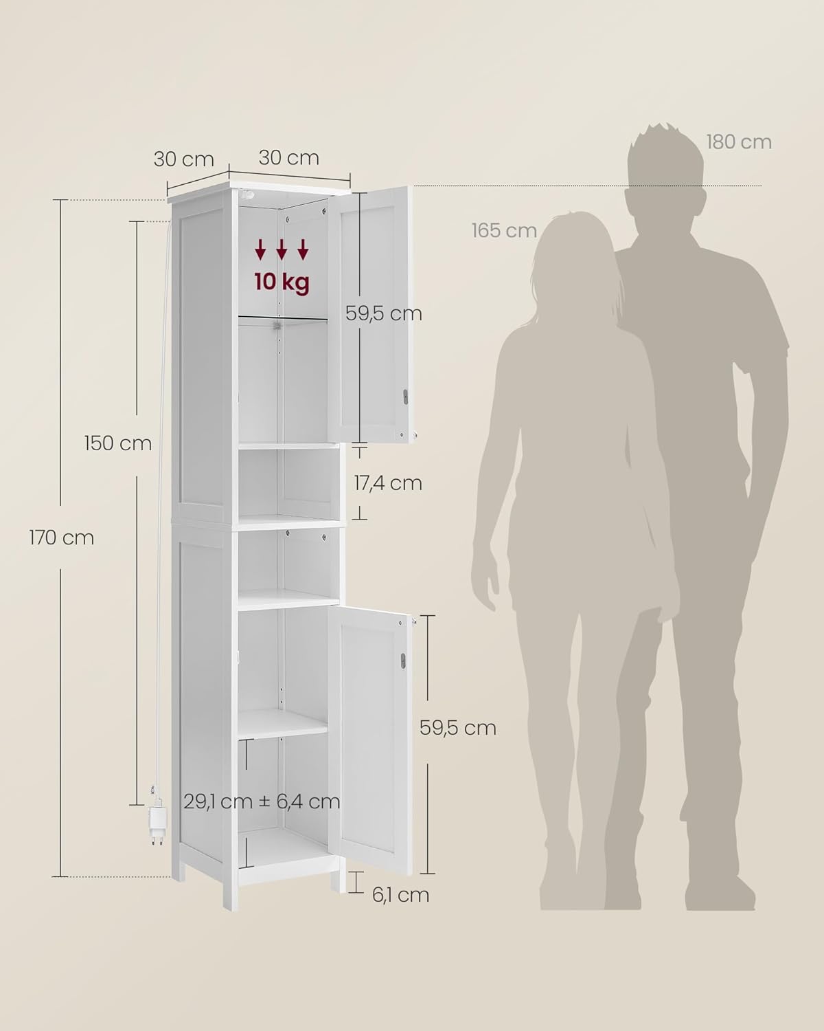 VASAGLE - armoire salle de bain haute, blanche, étagères réglables, éclairage, BBC566W03