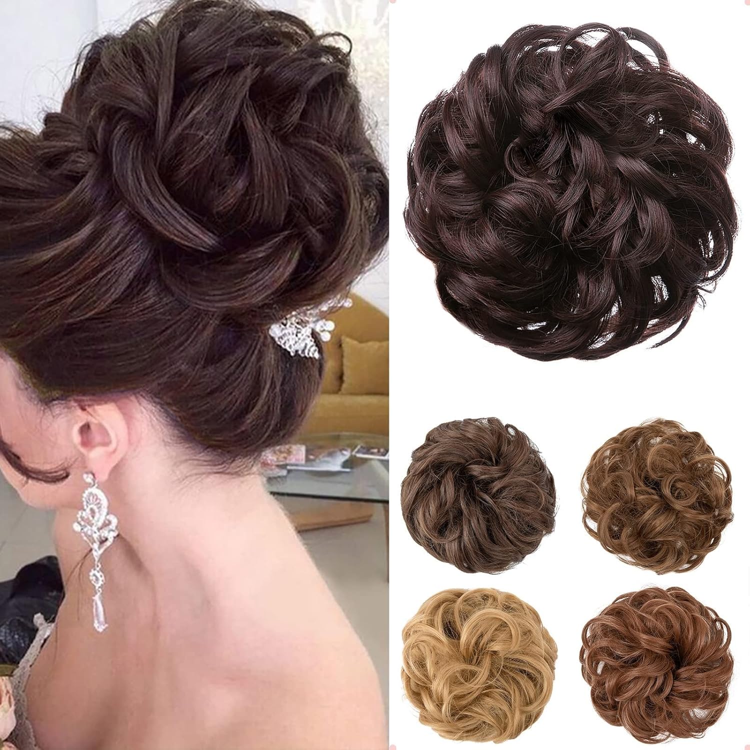 JJstar - Chignon postiche bouclé, élastique, marron châtaigne, naturel